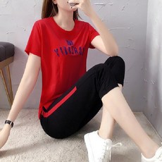 【字母繡花】運動套裝女 休閒套裝 運動服 兩件套 短袖七分褲 寬鬆學生款 夏季薄款 時尚百搭 健身跑步