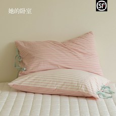 순면 베개 리본베개커버 끈으로 묶는 스타일, 1개, J. 클라우드 드림 우븐 핑크 한 쌍당 48x74cm