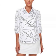 LURANEE 여성용 골프 셔츠 빠른 건조 7부 소매 티셔츠 2버튼 폴로 운동 상의 UPF 50+ 셔츠 S-2XL 기하학 흰색