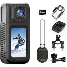 4K 엄지손가락 액션 카메라 180도 회전 렌즈 38.3g 초경량 미니 착용형 POV 휴대용 브이로그 헬멧 자전거 타기 오토바이용 64기가 카드 포함 검정색, with 64G-Card