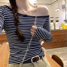 cammello 슬림라인 원숄더 줄무늬 긴팔 티셔츠 여성 슬림핏 긴팔티