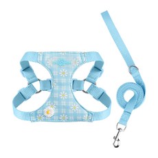 포아틀리에 데이지 프린트 강아지 하네스 리드줄 세트 귀여운 디자인 고급 소재 중소형견 외출용, 블루 blue, 1개