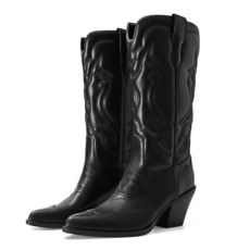 여성용 웨스턴 카우보이 부츠 클래식 자수 미드 카프 카우걸 부츠 풀온 포인티드 토 청키 힐 패션 레트로 슈즈 여성용 가을 겨울 블랙. 8