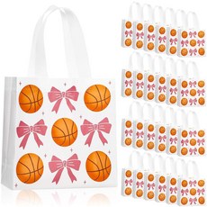 Sweetude 24피스 농구 선물 가방 벌크 핸들 핑크 리본 부직포 스포츠 파티 선물 토트백 24개 x 19.9cm(7.9 x 7.9인치) 파티 선물 간식 캔디 백 공급 생일, 귀여운 농구