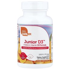 Zahler 주니어 D3™ 어린이용 비타민D3 포뮬라 오렌지 25mcg(1 000IU) 츄어블 120정 Zahler (잘러), Zahler, 주니어 D3™, 어린이용 비타민D3 포뮬, 1개