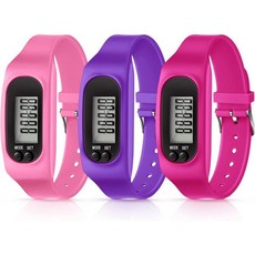 Kenning 실리콘 피트니스 트래커 워치 3개 세트 걷기 달리기 만보계 칼로리 소모 및 걸음 수 측정 팔찌 걸음수계 남녀아동용, Pink/ Purple/ Rose
