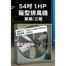54吋 1HP 箱型排風機 (單相/三相) 工廠用通風扇 138x138x45cm, 機台+