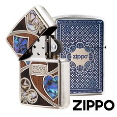 ZIPPO Zippo撲克牌-藍底(加厚版) ZA-2-108A 仿古 銀色髮絲紋 木材 貝殼鑲崁 黑色牌 終身保固, 1個
