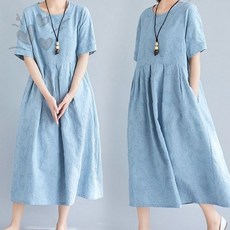 여성용 린넨 소재 반팔 원피스 플라워 패턴 프린트 미디 기장 루즈핏 내추럴 여름