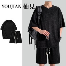 潮流寬鬆休閒套裝 簡約短袖透氣五分褲 男夏季休閒運動服