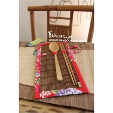 篁城竹簾 環保筷簾 附湯匙與筷子 收納組, 1個, 客家花布綠