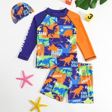 블링래빗 남아용 공룡 긴팔 + 반바지 + 수영모 3종세트 상하복 상하의세트 래쉬가드 수영복
