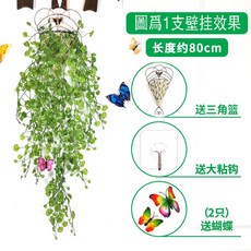 嘉義出貨 仿真植物藤條 牆面裝飾室內壁掛 花藤垂吊客廳綠蘿掛牆假花 吊蘭藤蔓 套裝籃, 尤加利綠1束+編織籃+粘鉤+蝴, 1個