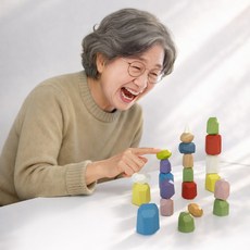 어르신 치매예방 두뇌자극.신체 활용 원목돌쌓기 (정리.보관용 원목케이스. 선물포장). 실버인지.보드게임 1급지도사 추천교구, 혼합색상, 1세트