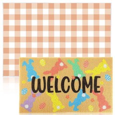 2피스 부활절 도어매트 야외 입구 토끼 환영 도어 매트 코이어 미끄럼 방지 바닥 도어매트 다채로운 부활절 도어 매트 오렌지 화이트 체크 부활절 러그 부활절 현관 입구 장식 야외