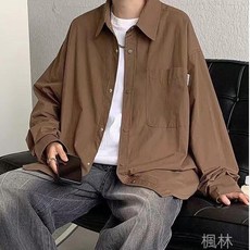 楓林衣櫥 日系復古翻領工裝襯衫 寬鬆落肩長袖襯衫 男 素色休閒襯衫外套 咖啡色系