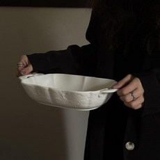 浮雕青花陶瓷烤盤 烘焙盤 配菜盤 尺寸30*18.5*6cm, 1只, 法式純白烤盤 1只, 法式純白