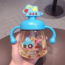 兒童牛奶杯1-2-3歲以上寶寶喝水喝奶瓶直吸式刻度直飲吸管水杯, 1個, 藍色挖機卡通水杯滿口350ml
