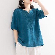 純棉V領短袖繡花寬鬆上衣 夏季新款棉麻襯衫女