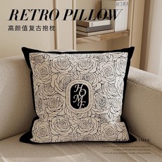 中古風沙發靠枕復古家用抱枕牀頭牀上靠枕靠墊飄窗靠背含芯可拆洗, 25_玫瑰黑框【親膚柔軟 雙面印花】