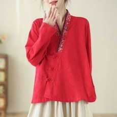 ORZQU 봄여름 여성 개량한복 면마 자수 셔츠 루즈핏 블라우스 생활한복