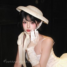 法式千金大小姐白色蕾絲珍珠禮帽 復古優雅名媛頭飾小衆高級感帽子, 1個, 白色緞面手套