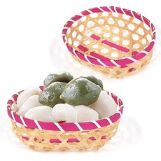 대나무 미니 떡바구니 (타원형-핑크색 2줄) / 미니바구니 미니 대나무바구니 사탕바구니 송편바구니, 1개