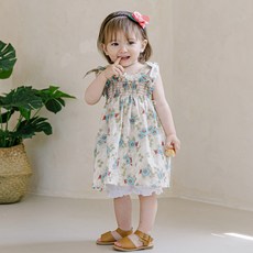 LITTLE TINI 荷葉邊花朵印花吊帶連身裙