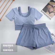 瑜伽運動健身短褲上衣短袖帶胸墊健身跑步透氣跑步套裝女夏季薄款