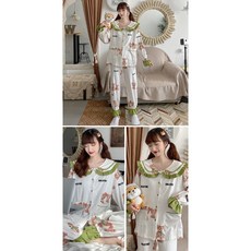 일본계 블랙 잠옷 춘추형 여성 순면 긴팔 2022년 세트 가을 겨울