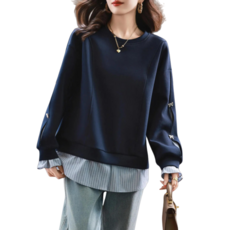 Makone 여성 봄 가을 패치워크 레이어드 라운드넥 캐주얼 티셔츠