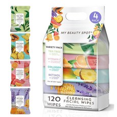 My BEAUTY 뷰티 Spot 여성용 페이스 클렌징 물티슈 4팩 - 티트리 비타민 C 콜라겐 레티놀 함유 메이크업 리무버 120개 214592, My Beauty Spot 여성용 페이스 클렌징 물티슈