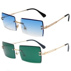 Mriendao 여성용 남성용 직사각형 선글라스 패션 레트로 무테 프레임리스 틴트 렌즈 선글라스 쉐이드 2025 스타일리시 블루+다크 그린 2개