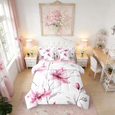 Erosebridal 블랙 앤 화이트 꽃무늬 이불 세트 시트 포함 트윈 보헤미안 플라워 7피스 침구 여성용 남성용 예술적인 수채화 침대 잉크 페인팅 스타일 꽃 & 나뭇잎 가방, 핑크