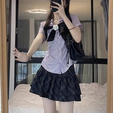 교복몰 (대여) 라이트퍼플 핀턱 반팔 체크치마 세라복