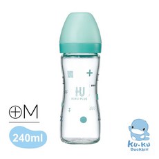 KUKU酷咕鴨 PLUS 純真之瞳寬口玻璃奶瓶 安全耐高溫 寶寶輕鬆抓握, 1個, 氣泡藍240ml