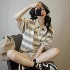 여자 스트라이프 카라티 반팔 데일리 티셔츠