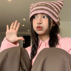 SB 고양이 귀 모자 비니 니트 스트라이프 장원영 아이돌, 핑크 브라운, 무료