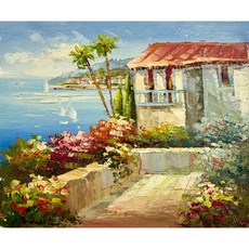 【台灣出貨 戊辰美學】純手繪油畫 小品畫 加勒比海系列 地中海 異國風情 海洋療癒系畫作 質感小畫 海島度假風, 海與屋(無框裱法)24.5*20CM