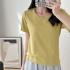 Yellwel 여성용 U넥 반팔 티셔츠 여름 상의 루즈핏 DJP