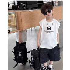 賣場優選童裝 兒童背心 男童韓版無袖背心2025新款兒童簡約休閒寬鬆圓領T恤字母印花上衣