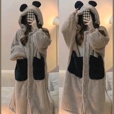 高級感珊瑚絨睡衣女秋冬季加絨加厚保暖法蘭絨中長款連帽冬天睡袍