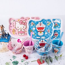 兒童餐具六件套，防摔防燙，韓式可愛卡通分格餐盤，含碗、筷子、勺子, 1個, 小黃人,-造型碗+勺+叉-