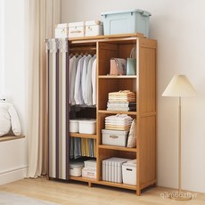 衣櫃家用臥室結實耐用簡易大衣櫥防塵收納大容量落地多層實木櫃子, 【布簾款】深藍【掛衣+褲架】52cm長