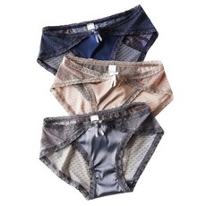 絲綢網紗蕾絲內褲 輕薄中低腰性感三角褲, 藏藍