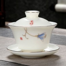 羊脂玉蓋碗 白瓷描金大號山水三才茶碗 功夫茶具 家用茶備, 白瓷蓋碗-花卉, 1個