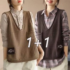 1+1 빅사이즈 여성 아우터 조끼 베스트 상의 봄 가을 상의 이너티 캐주얼 루즈핏 상의 니트 티 D99U