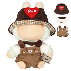 라부부 인형을 위한 17cm 옷 - 17cm 인형용 카와이 시크 스타일 세트 액세서리가 있는 귀여운 인형 의상 - 브라운 강아지 롬퍼 + 강아지 셔츠 + 하트 모양의 갈색 모, 라부부 인형을 위한 17cm 옷 - 17cm 인형용 카