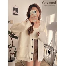 【Cavensi】加大加寬加厚加垂 鬆軟寬鬆長袖黑扣針織外套 日系垂感慵懶針織外套 中大尺碼外套 針織外套 A186