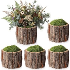 RimCereal 센터피스 웨딩 플라워 테이블 장식용 나무 꽃병 4세트 소박한 껍질 그루터기 버킷 농가 화분 삼림 파티 창문 가정용 (가짜 그린 이끼 라지)